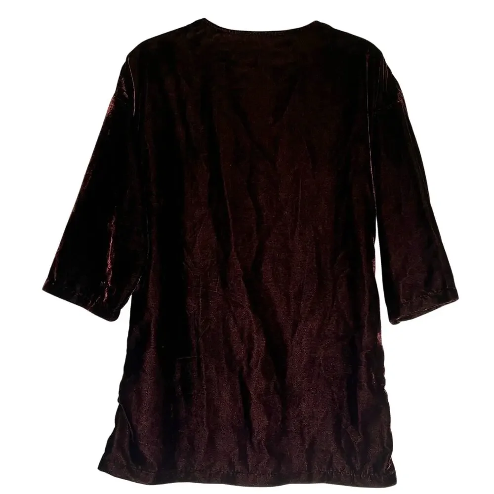 Soft Surroundings Crush Velvet Tunic Top Women's XS Burgundy Embroidered Floral - Picture 2 of 6
